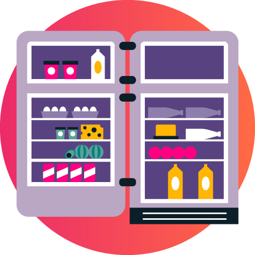 Open fridge with food and drink inside on pink circular background