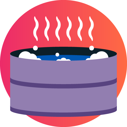Purple hot tub with steam rising on pink circular background