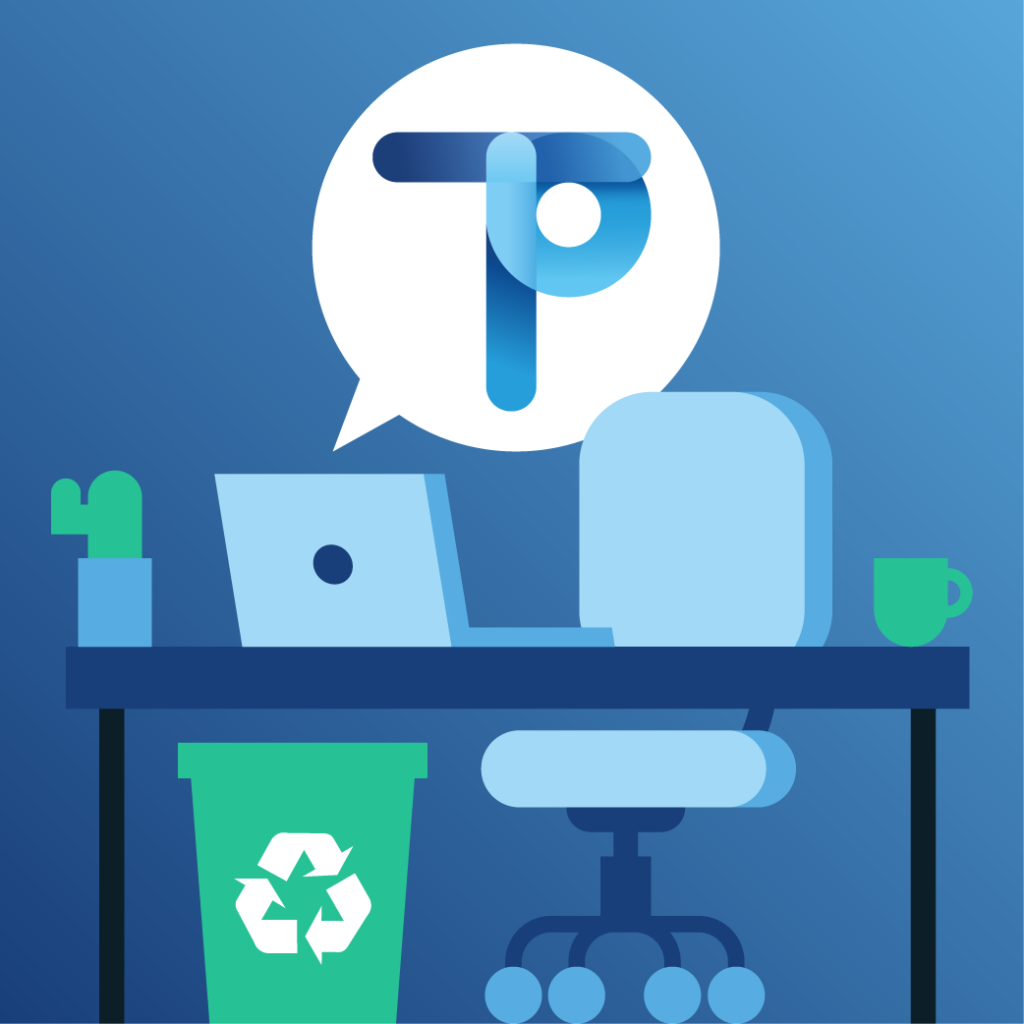 Blue desk with a chair behind it, a recycling bin underneath and a mug, cactus and laptop on top with a speech bubble coming out of the laptop with the trust power logo