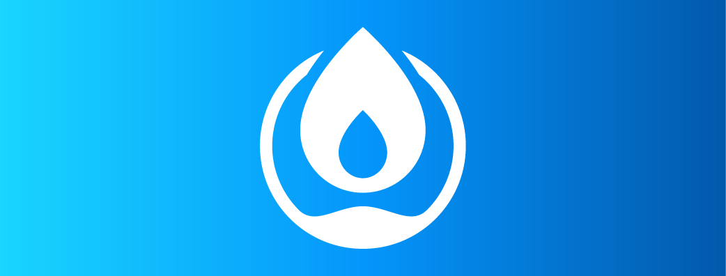 White gas flame icon on blue background