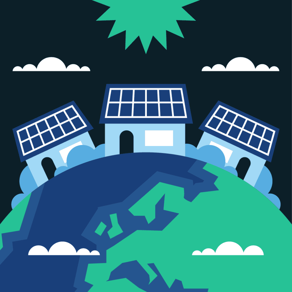 three houses with solar panels sitting on the earth in space under the clouds and a green sun