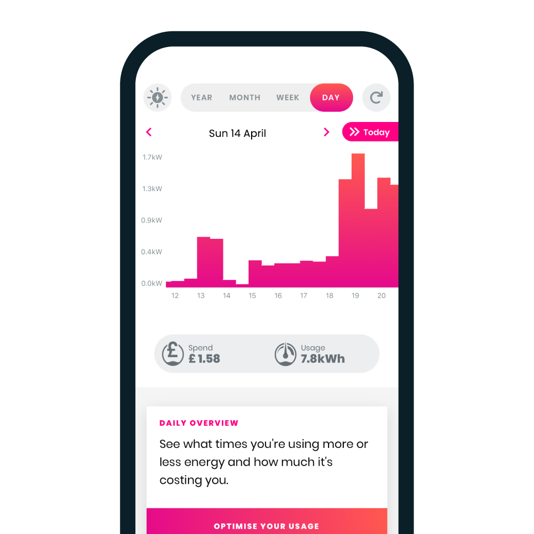 Loop mobile app screen of daily electricity tracking pink bar graph and spend of £1.63