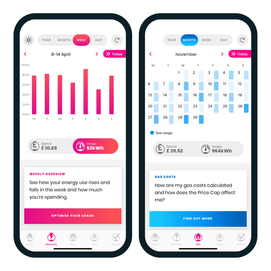 Loop mobile app screen of weekly electricity use and monthly gas use