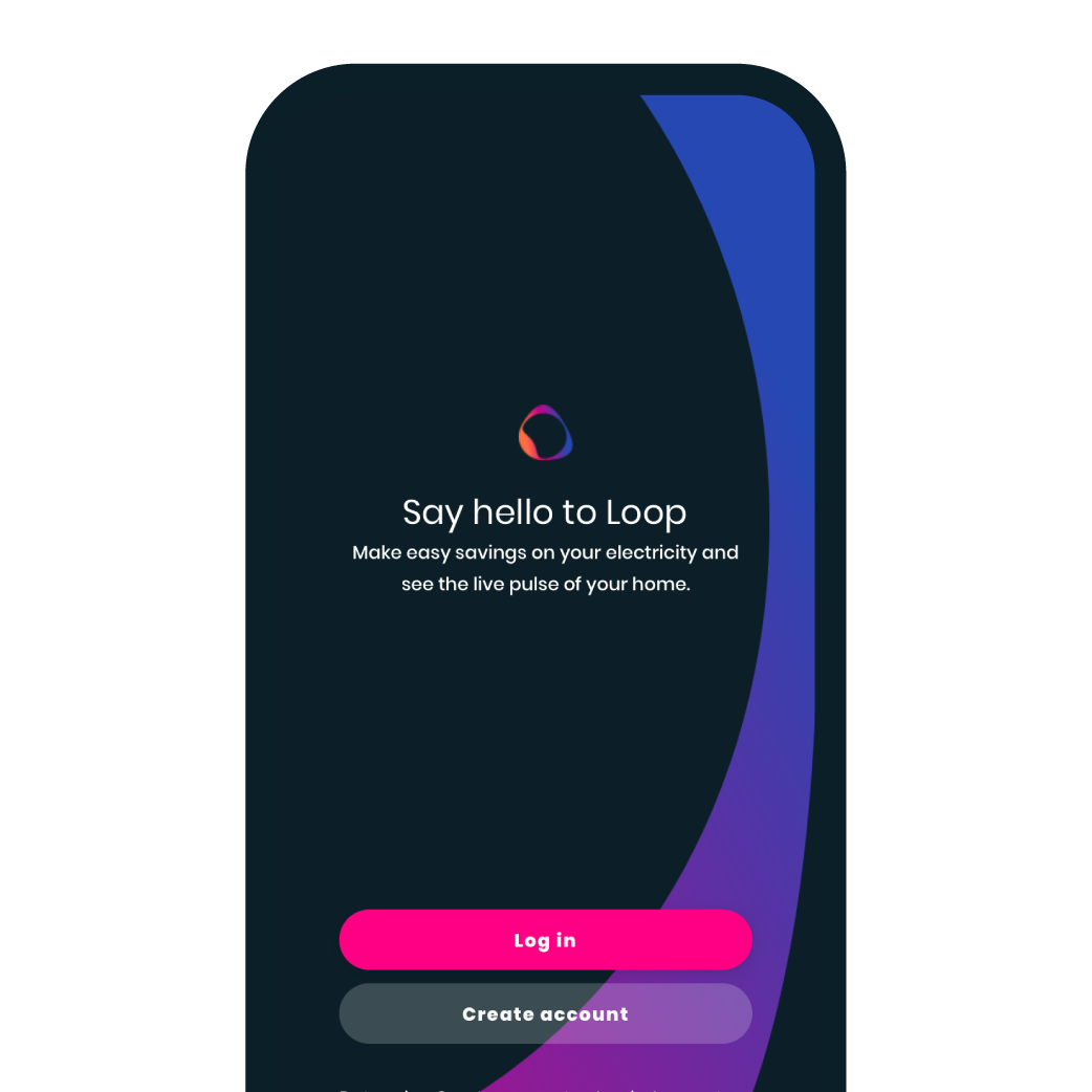 Loop app screen welcome page with the loop logo in the middle and login and create account buttons at the bottom