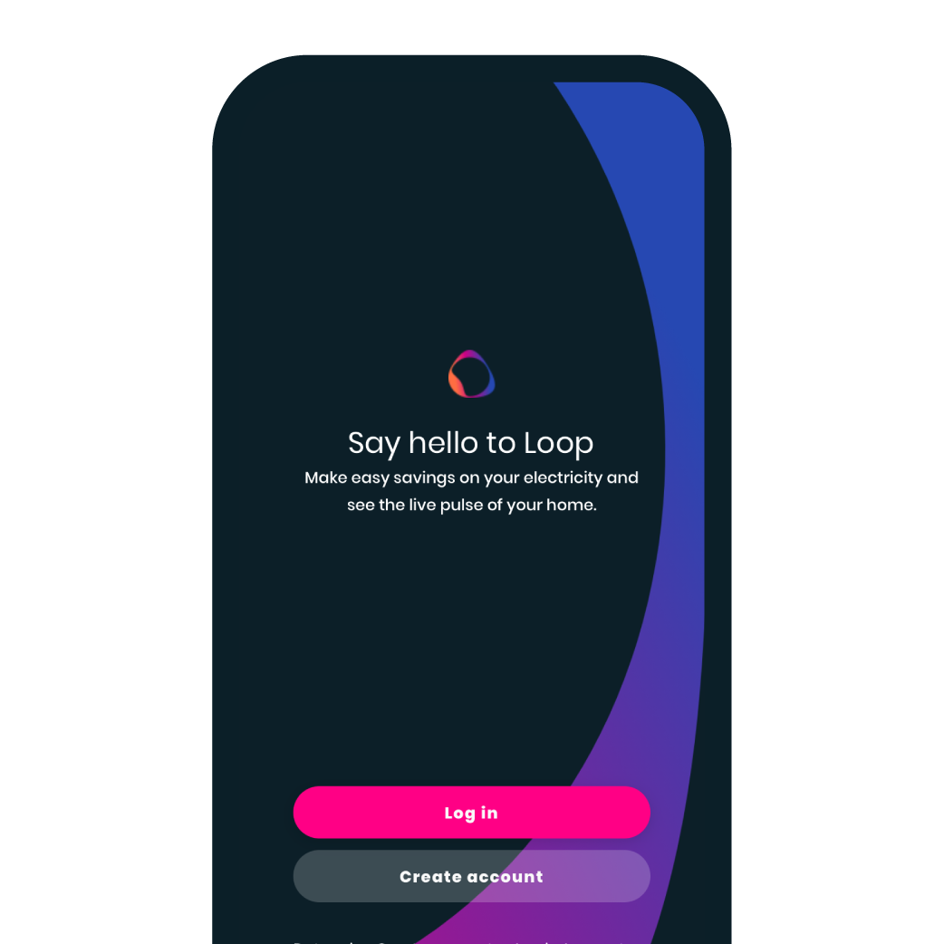 Loop app screen welcome page with the loop logo in the middle and login and create account buttons at the bottom