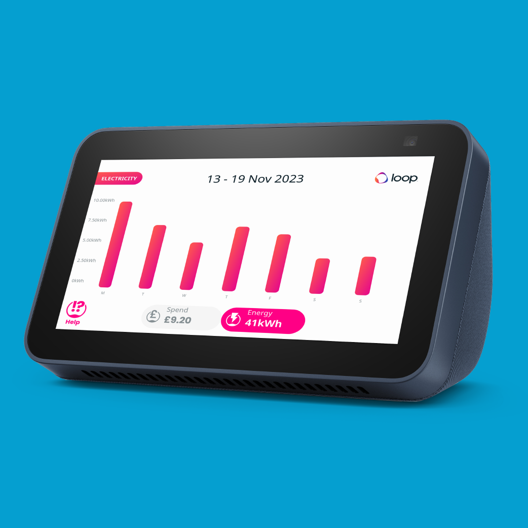 Alexa Echo device with Loop weekly electricity tracking bar graph on the dashboard