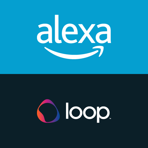 Alexa logo on light blue background on top of the Loop logo on black background