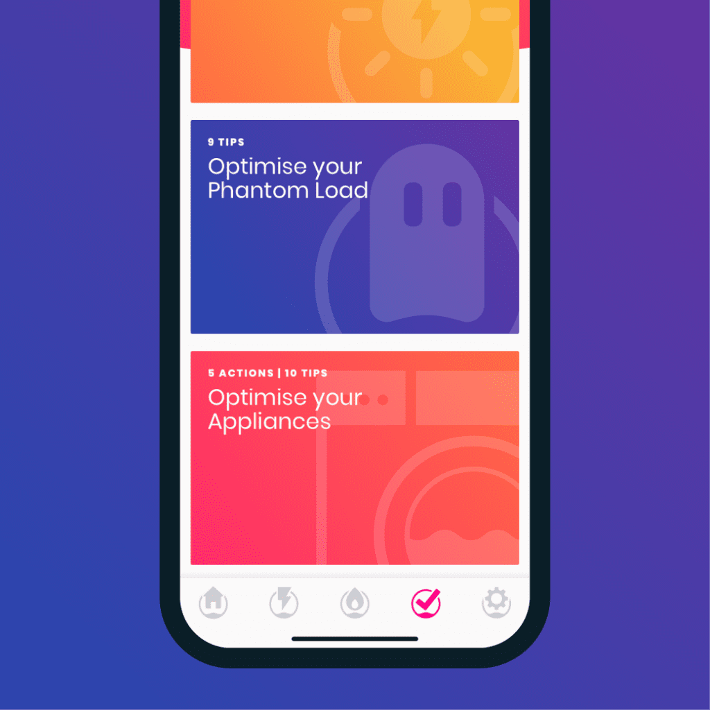 Loop mobile app screen with cards on Optimising Phantom Load and Appliance tips