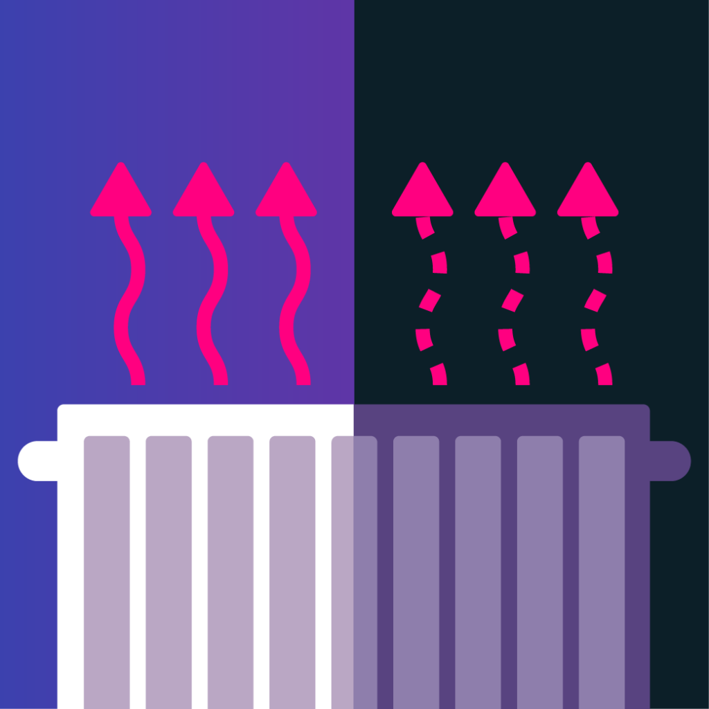 Radiator with the solid pink wiggly arrows rising from it on the left half and dotted pink arrows rising from it on the right half