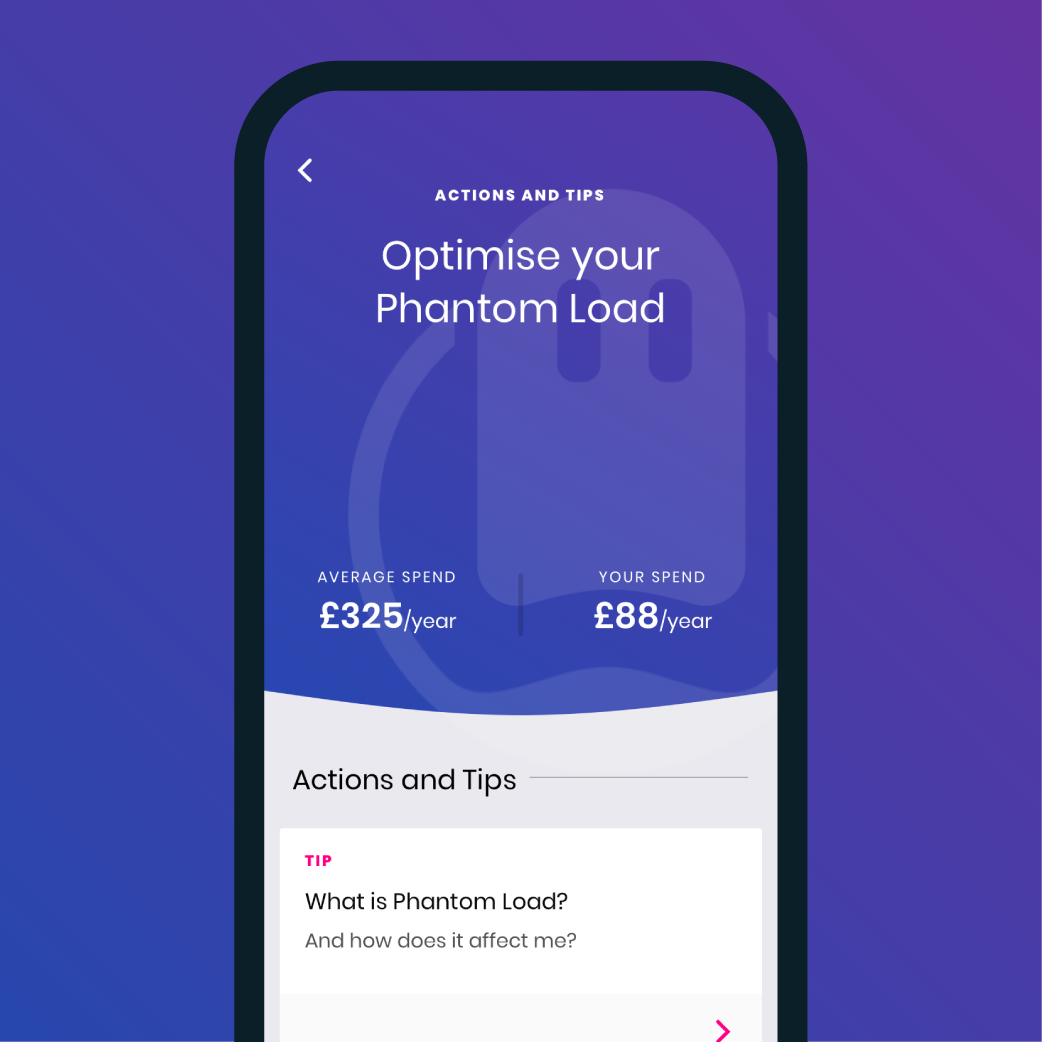 Loop Phantom Load app screen with dark blue background and transparent phantom showing average yearly spend of £325 a year compared to the customer's average spend of £88 a year
