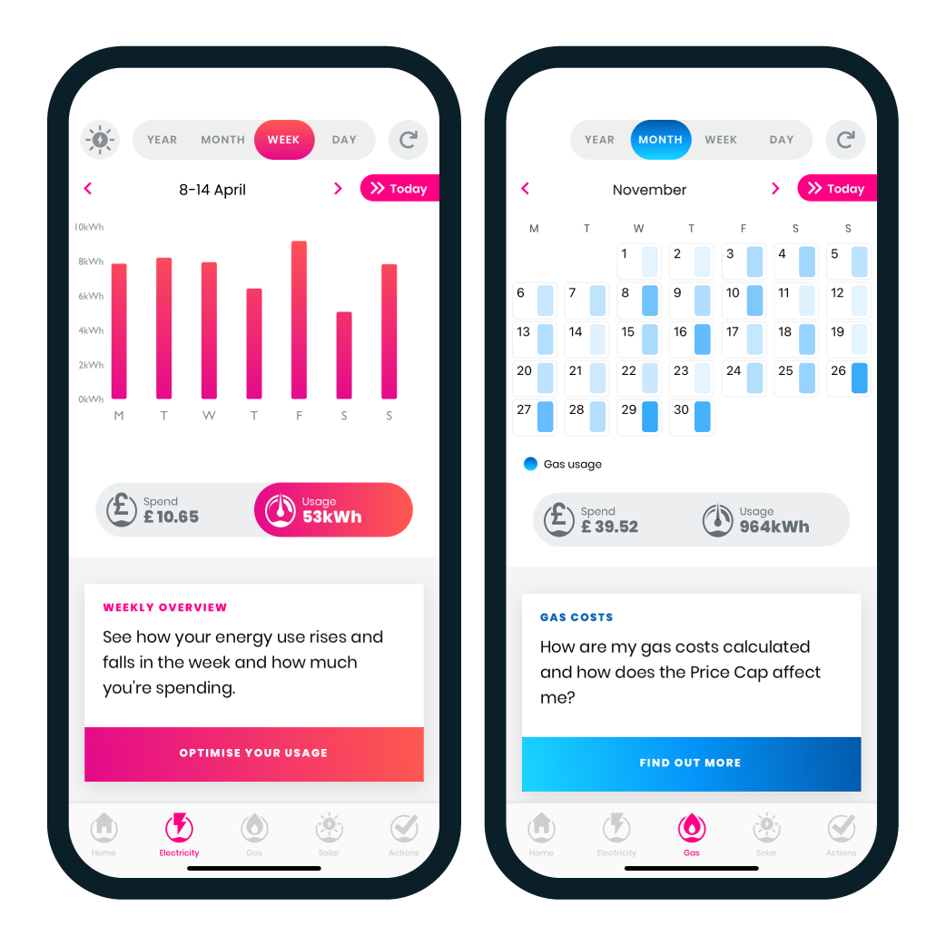 Loop mobile app screen weekly pink electricity tracking bar graphs on the eft and Loop mobile app blue monthly gas tracking on the right