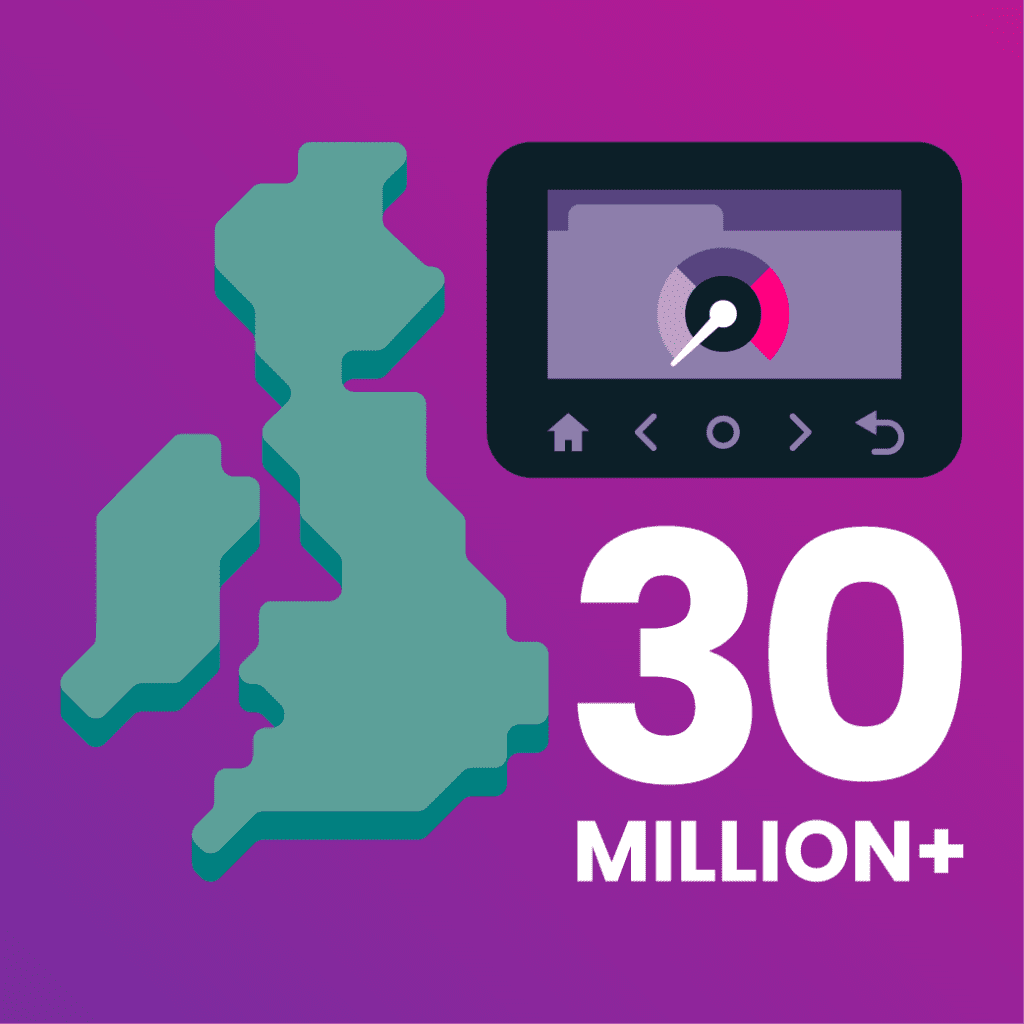 Purple smart meter in-home display next to a a graphic of Great Britain with the text 30 Million+ in the lower righthand corner