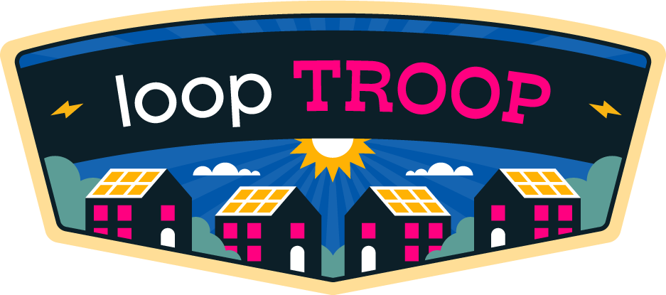 Logo of houses with solar panels under the sun with a banner that says loop troop