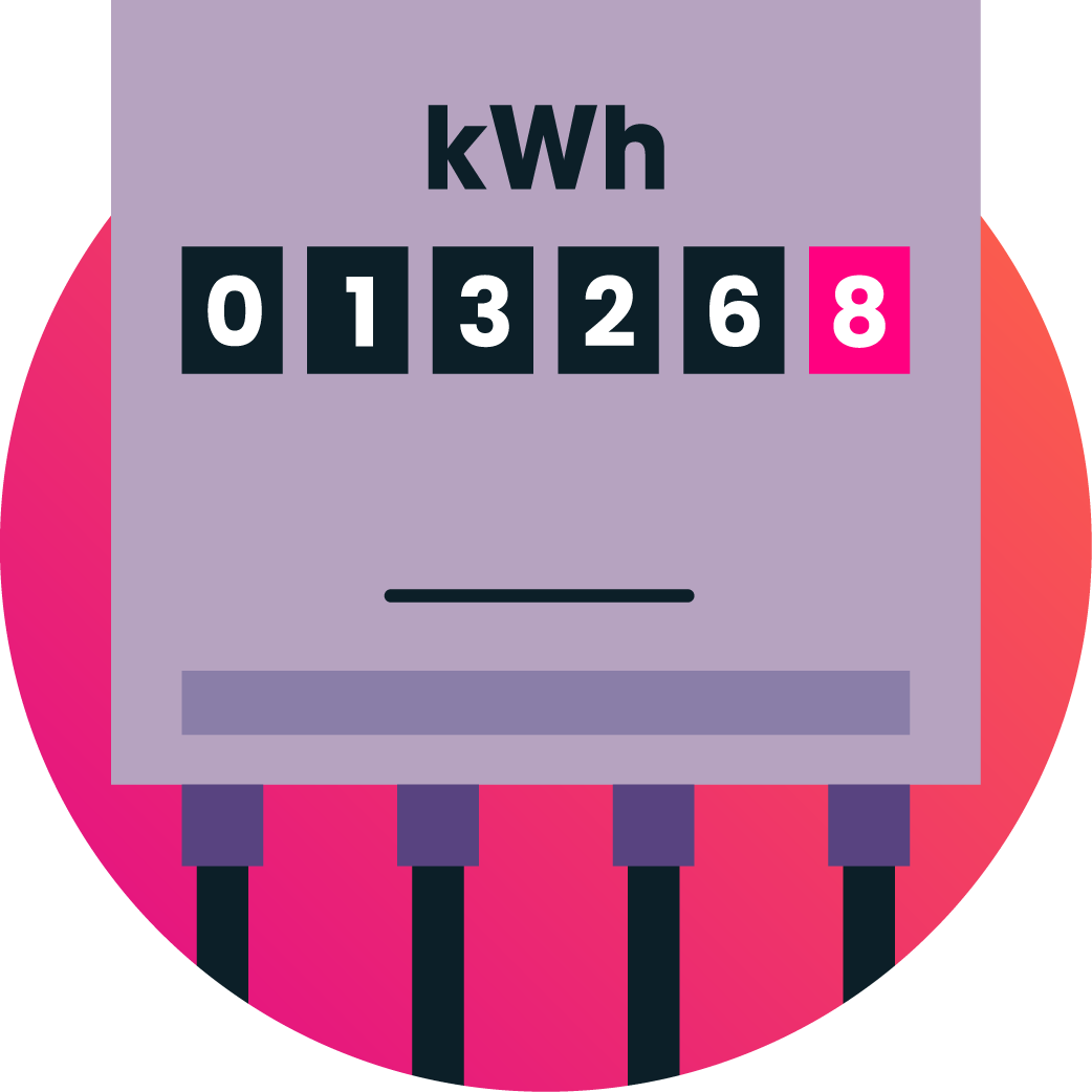 Purple meter reading 01326 kWh with wires coming out of the bottom on a pink circular background