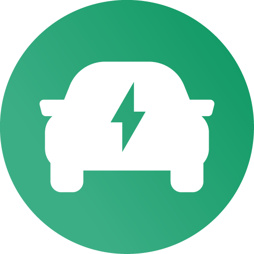 White car with a green lightning bolt in the middle on a circular green background