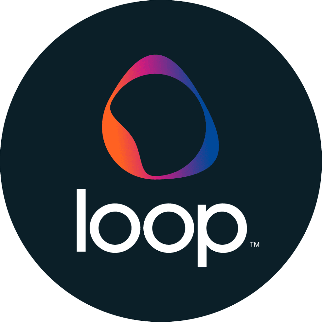 Loop logo of squiggly orange, blue and purple ombre on a black circular background