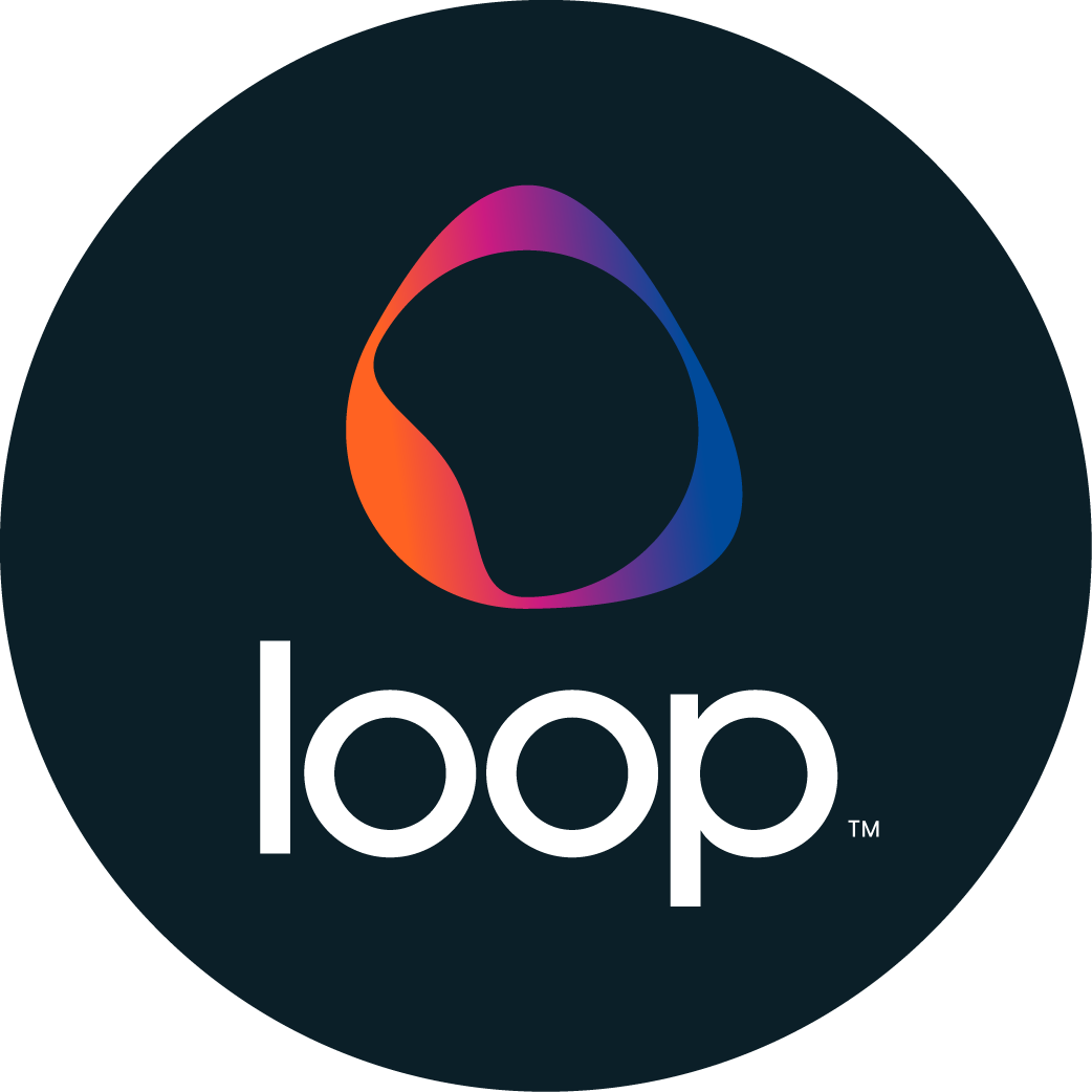 Loop logo of squiggly orange, blue and purple ombre on a black circular background