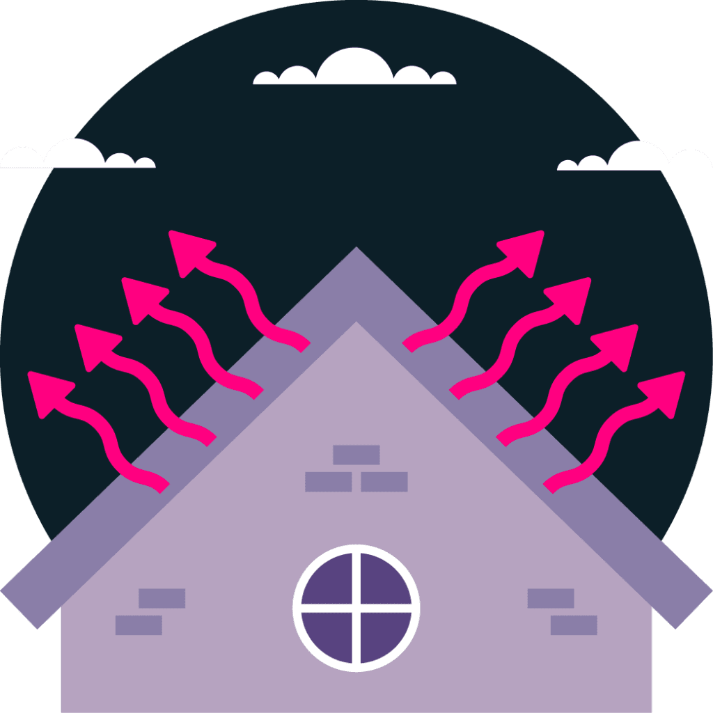 Roof of a purple house with pink squiggly arrows extending out of the roof and into a black cloudy sky
