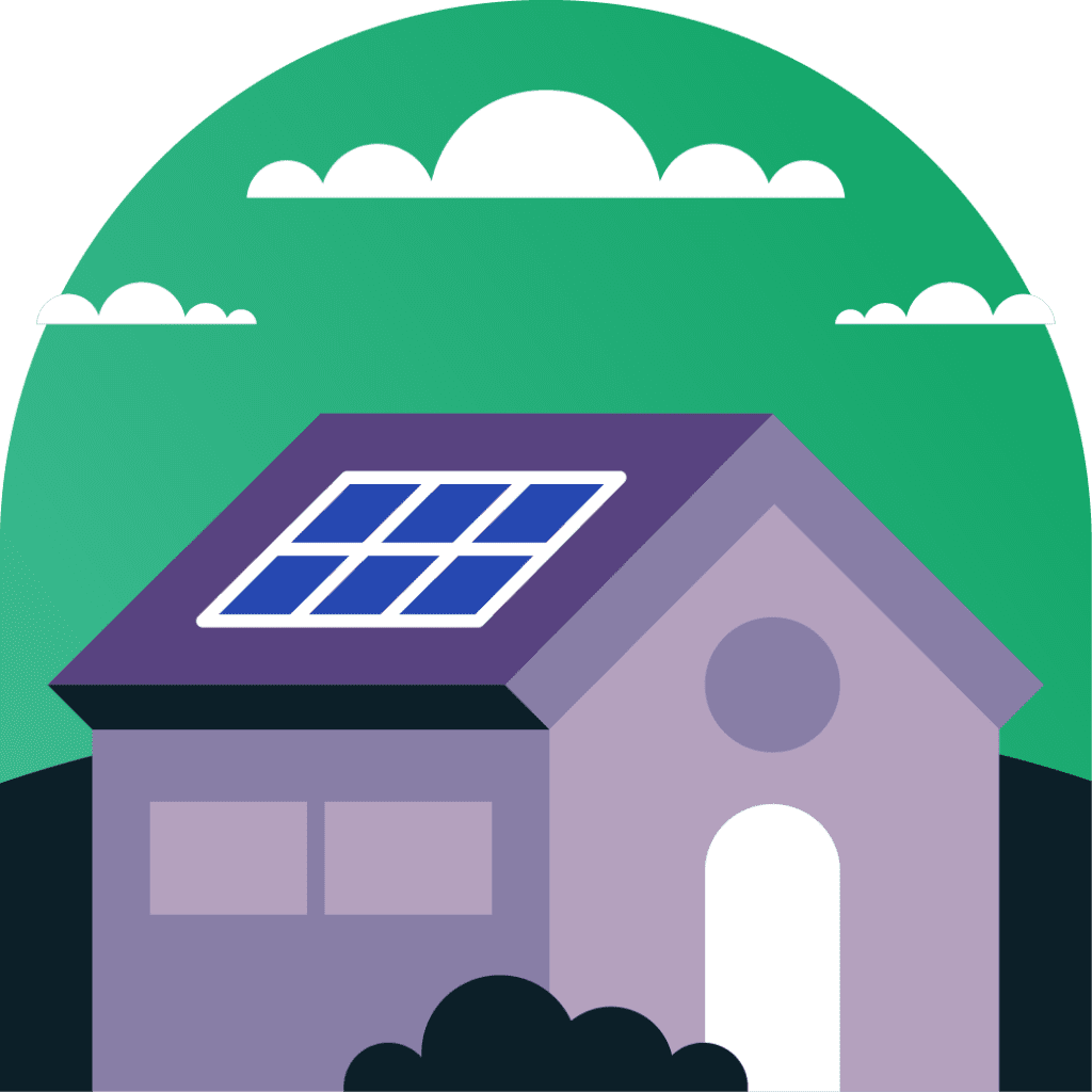 Cartoon of house with solar panel on background of green sky with clouds