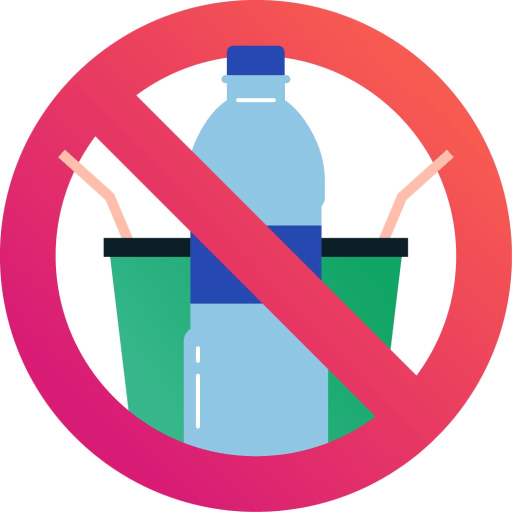Cartoon of plastic water bottle and disposable cups with circular red cross of the top