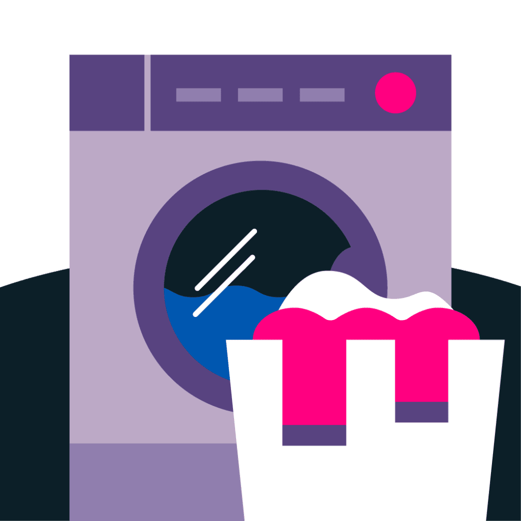 Basket of laundry in front of a purple washing machine