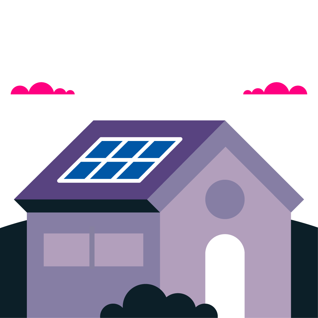 House with solar panels under a cloudy sky cartoon
