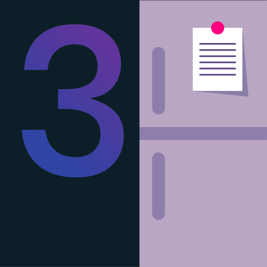 Blue number three on a black background on the left side of the image and a purple fridge with a white note stuck on it on the right