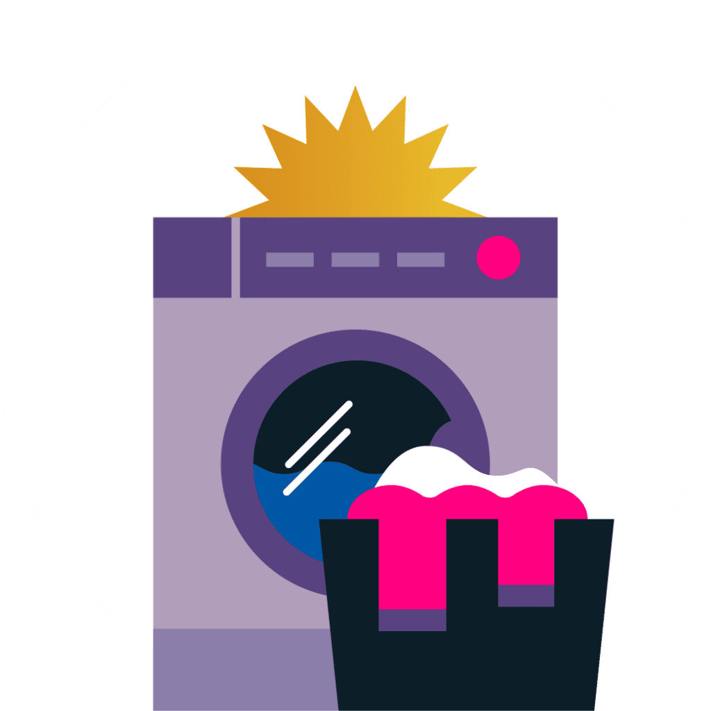 Basket of laundry in front of a purple washing machine in front of a sun graphic