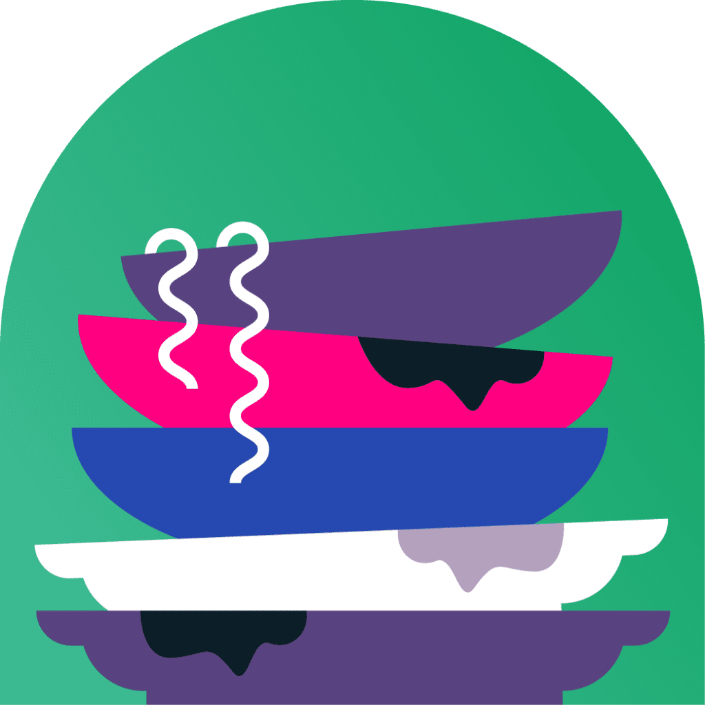 Cartoon of dirty plates stacked on top of each other on green background