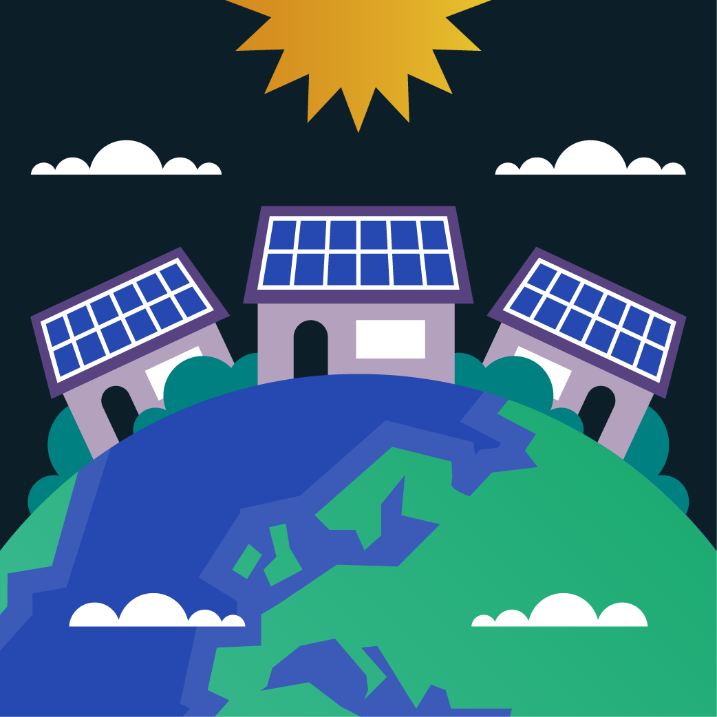 Cartoon of the earth in space with three houses with solar panels sitting on top of it under the sun