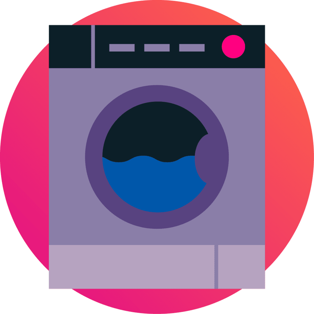 Purple washing machine with water inside on a pink circular background