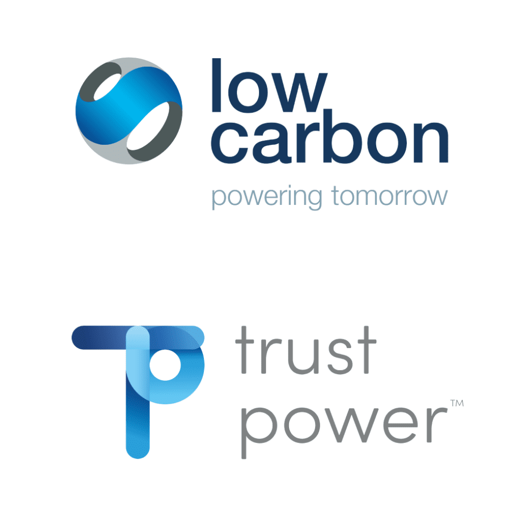 The Low carbon powering tomorrow logo of a blue and silver ball at the top and underneath is the Trust Power logo of a combined blue T and P