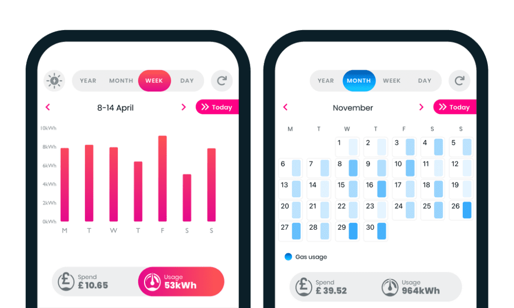 One Loop app screen with pink bar graph showing weekly electricity use and another screen with blue gradients showing monthly gas use