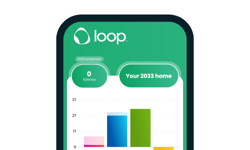 Loop phone app screen of carbon calculator with bar graph showing how much carbon you can save