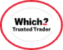 Oval white Which? Trusted Trader logo with red border